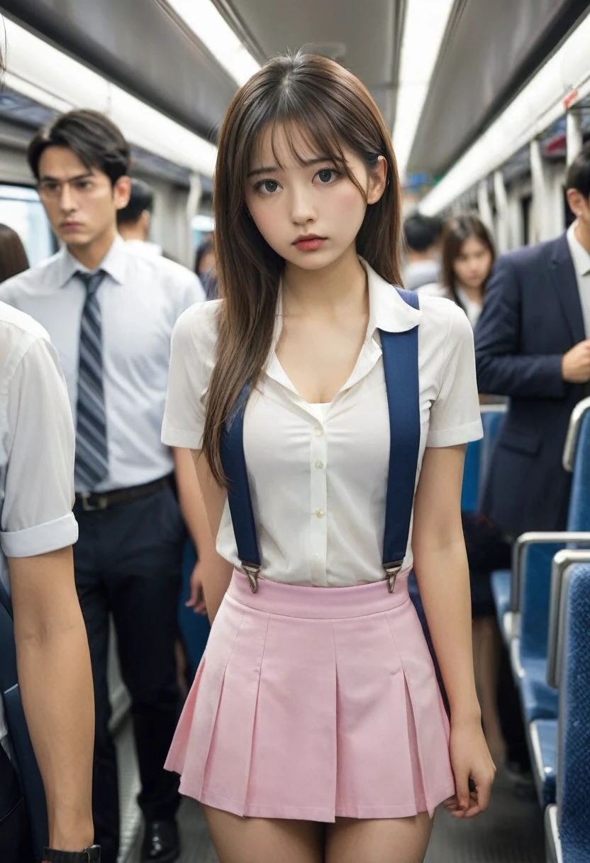 20-year-old office worker,One girl, The girl is being watched by the men,Cleavage,Miniskirt with visible buttocks,Are standing,Embarrassed look, intensive contact, In a crowded train, Holding on to the strap