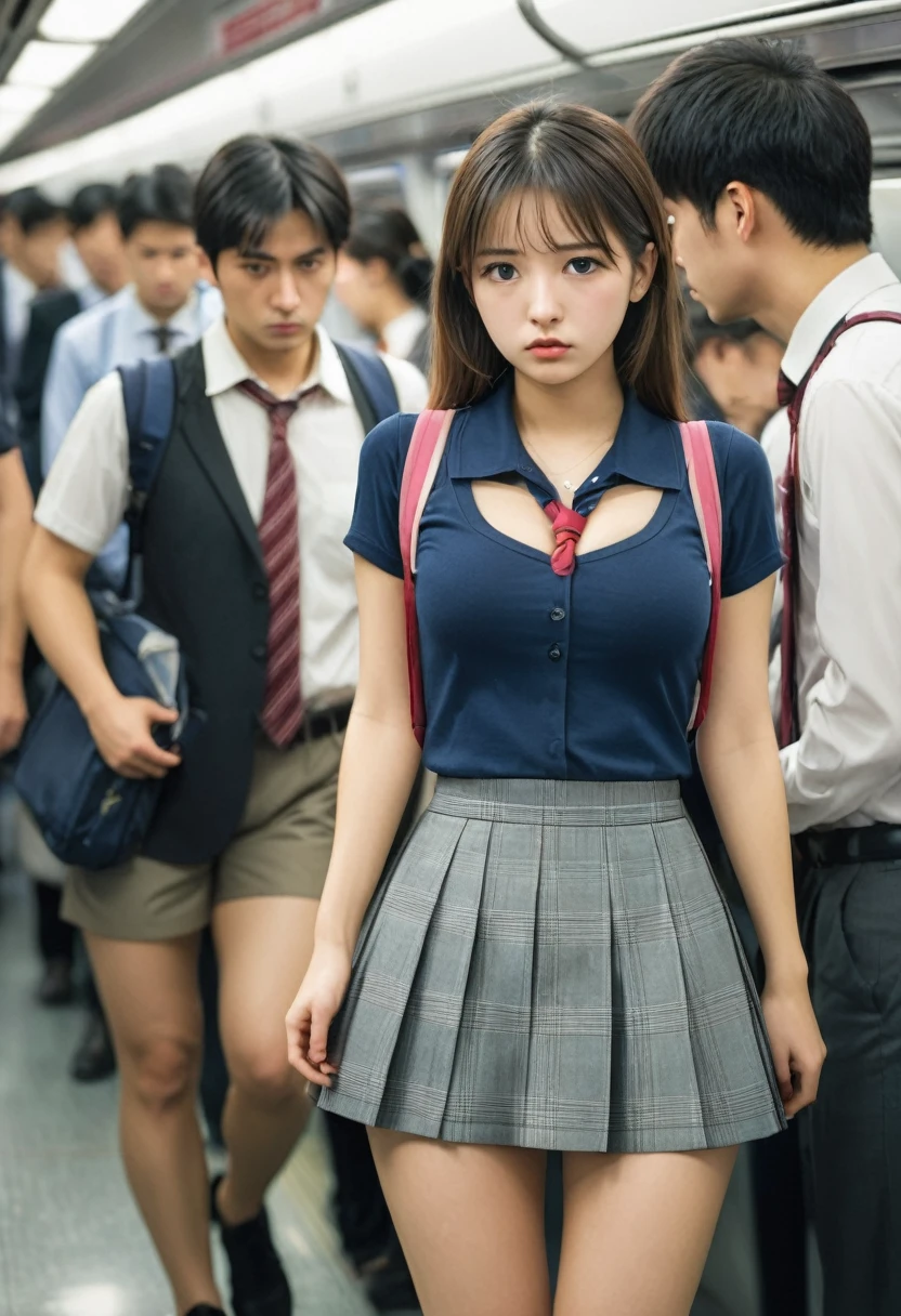 20-year-old office worker,One girl, The girl is being watched by the men,Cleavage,Miniskirt with visible buttocks,Are standing,Embarrassed look, intensive contact, In a crowded train, Holding on to the strap