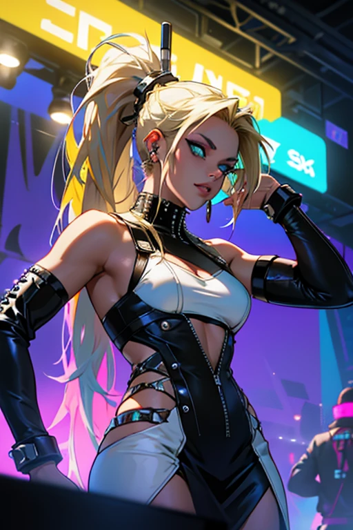 perform a cyberpunk style drag queen she wears a white studded dress with long blonde hair tied in a ponytail performing on a stage surrounded by neon lights, her body has several aesthetic metal implants