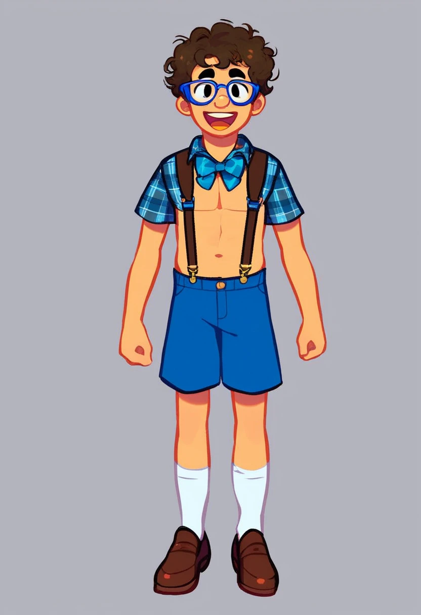 cody, looking at viewer, open mouth, simple background, messy brown hair, blue plaid shirt with abs underneath, 1boy, bow, standing, full body, male focus, shoes, glasses, shorts, socks, bowtie, grey background, black eyes blue bowtie, brown footwear, brown suspenders, pimples, blue shorts, white socks, blue bowtie, suspender shorts, black eyebrows, large nose, yellow teeth, short