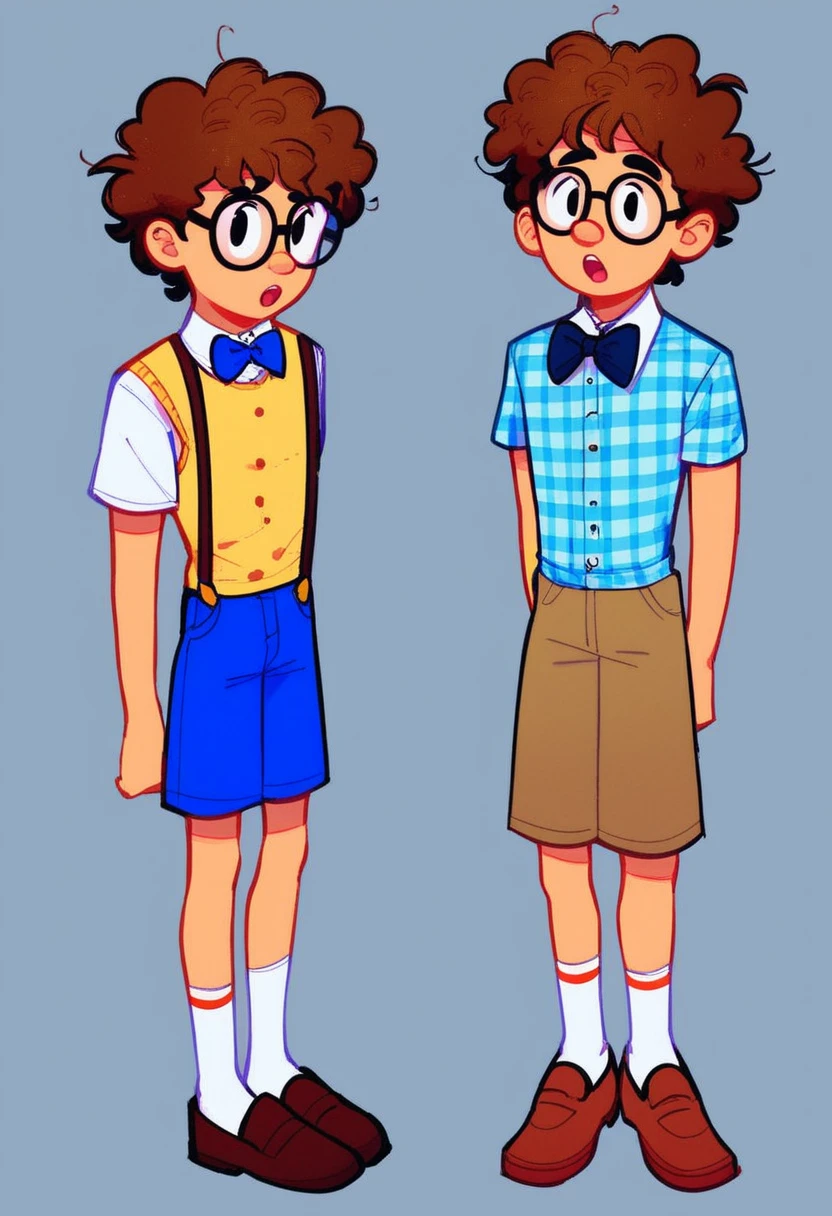 cody, looking at viewer, open mouth, simple background, messy brown hair, blue plaid shirt with abs underneath, 1boy, bow, standing, full body, male focus, shoes, glasses, shorts, socks, bowtie, grey background, black eyes blue bowtie, brown footwear, brown suspenders, pimples, blue shorts, white socks, blue bowtie, suspender shorts, black eyebrows, large nose, yellow teeth, short