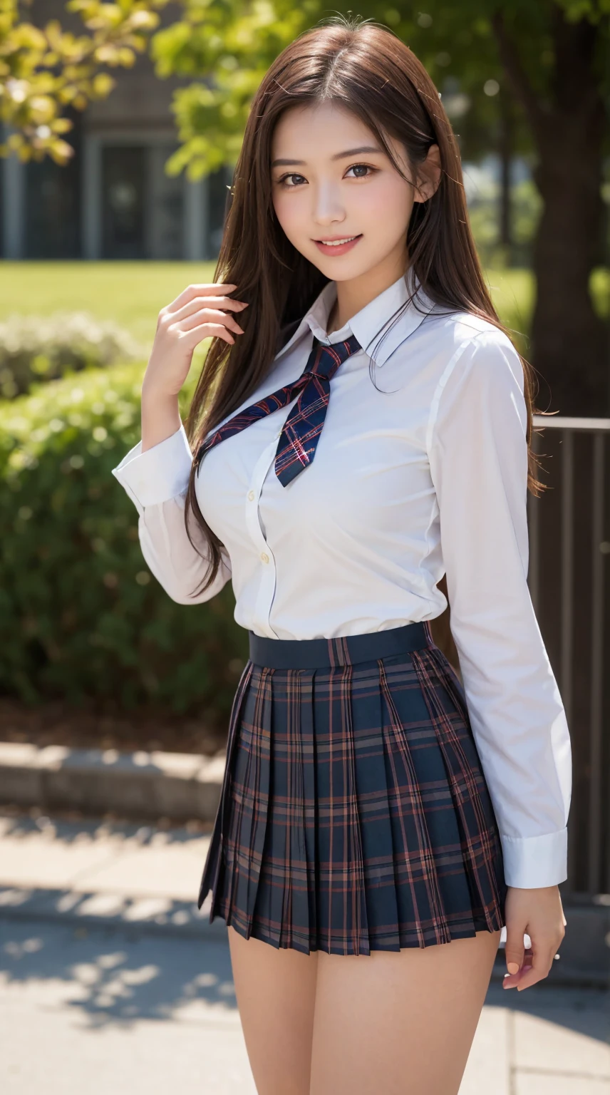 highest quality、8k、best image quality、Award-winning work), two beautiful women、1 lady, radiant beautiful skin , masterpiece、top-quality、The ultra -The high-definition、depth of fields、lens flare ,、brown hair, large breasts, 36F breasts, watching at viewers glares, large breasts ,perfect legs, model pose, view from below, smiling , cleavage
(School uniform, tie , Pleated tartan skirt:1.3)