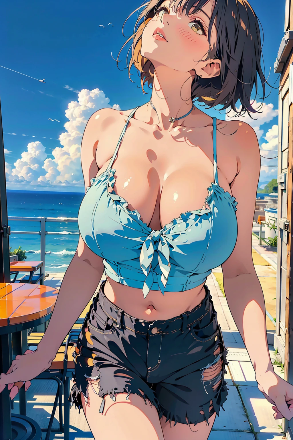 top-quality、超A high resolution、(Photorealsitic:1.4)、Crisp skin、Realistic skin texture, 4K, Model Body Type、White skin、Realistic Skin, Natural skin texture,1 girl、(thin hair, black, short, faded ash gray hair:1)、(huge-breasted:1.5)、cleavage, Surprised、blush、looking at viewert、close up face、Upper body photo、short hair,((Random color camisole, Frills, silk camisole)), ((Random Color, pants)),、(()), 、((Accentuate your breasts)), ,((Morning walk, sunny:1.5)),, ((Photo of looking up)),(cute shirt,Frills付きのシャツ, shirt), walking, city,