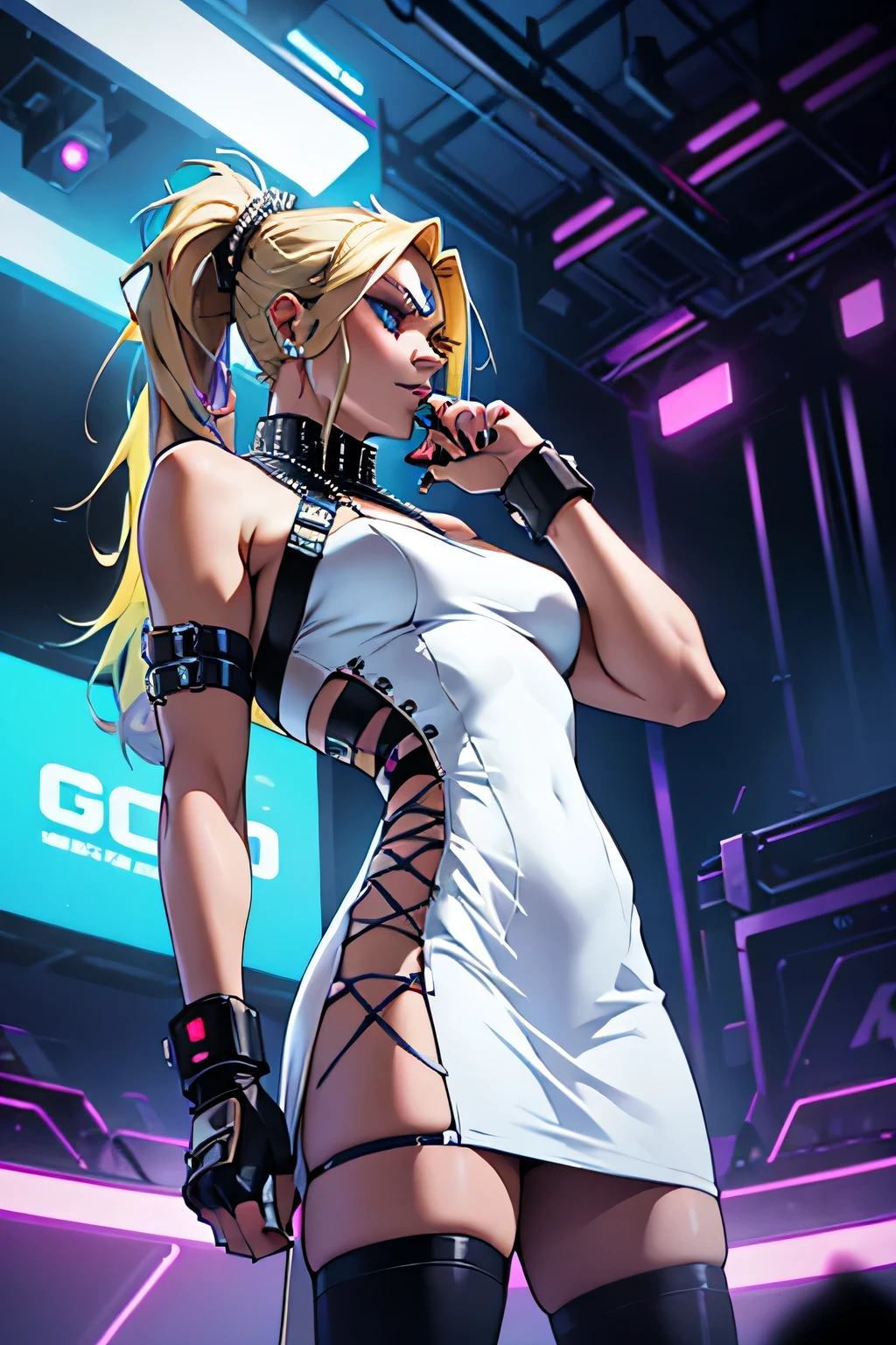 perform a cyberpunk style drag queen she wears a white studded dress with long blonde hair tied in a ponytail performing on a stage surrounded by neon lights, her body has several aesthetic metal implants