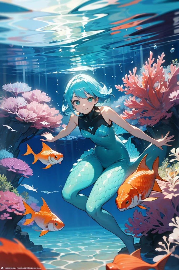 anime style, super fine illustration, highly detailed, dynamic angle, beautiful detailed, 8k, In the summer, at midday, underwater, BREAK vivid tropical fish swim in schools, surrounded by colorful corals on the seabed. A graceful sea turtle swims among them. BREAK A beautiful mermaid swims happily around, smiling occasionally. BREAK Sunlight filters through the water, brightly illuminating the scene. BREAK Everyone is enjoying the underwater world.masterpiece,best quality,super detailed,super fine illustration,8k,pov