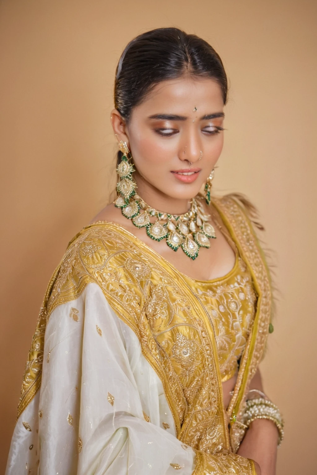 a woman in a white and gold outfit with a necklace and earrings, wearing gold jewellery, traditional beauty, traditional makeup, gold jewellery, details galore, wearing elegant jewellery, wearing elaborate green and gold, glowing details!, golden intricate details, adorned with precious stones, intricate set, very beautiful enga style, gold embroidery, indian, golden details!, with small studded earings