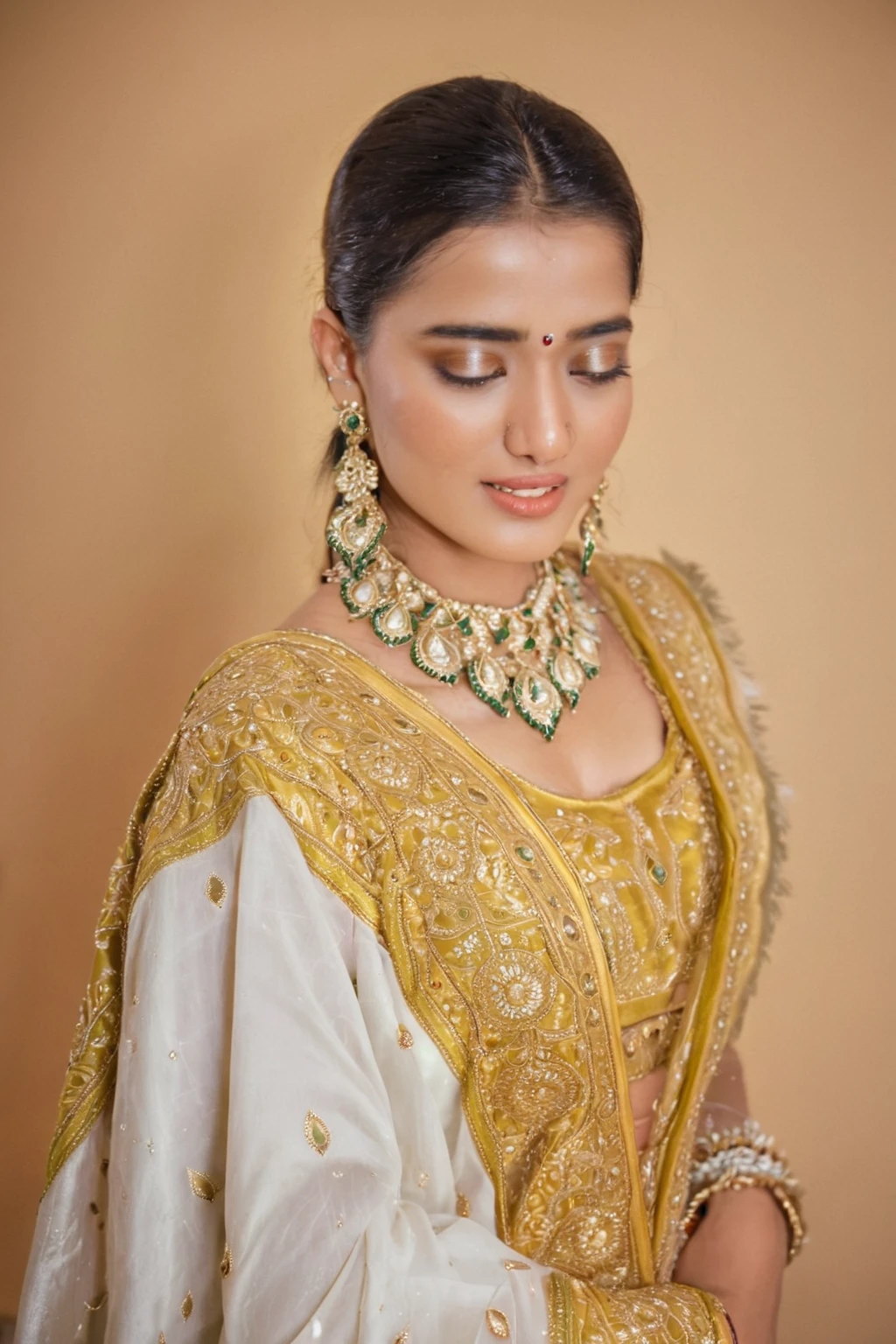 a woman in a white and gold outfit with a necklace and earrings, wearing gold jewellery, traditional beauty, traditional makeup, gold jewellery, details galore, wearing elegant jewellery, wearing elaborate green and gold, glowing details!, golden intricate details, adorned with precious stones, intricate set, very beautiful enga style, gold embroidery, indian, golden details!, with small studded earings