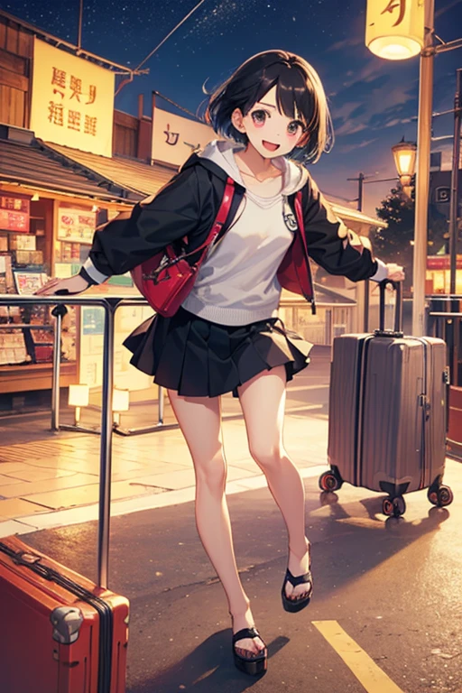 Highest quality、front、Black Hair、Iris、short hair、girl、cute、、、1 person、one piece、mini skirt、Long sleeve、suitcase、Station platform、trip、A happy look、I'm excited、