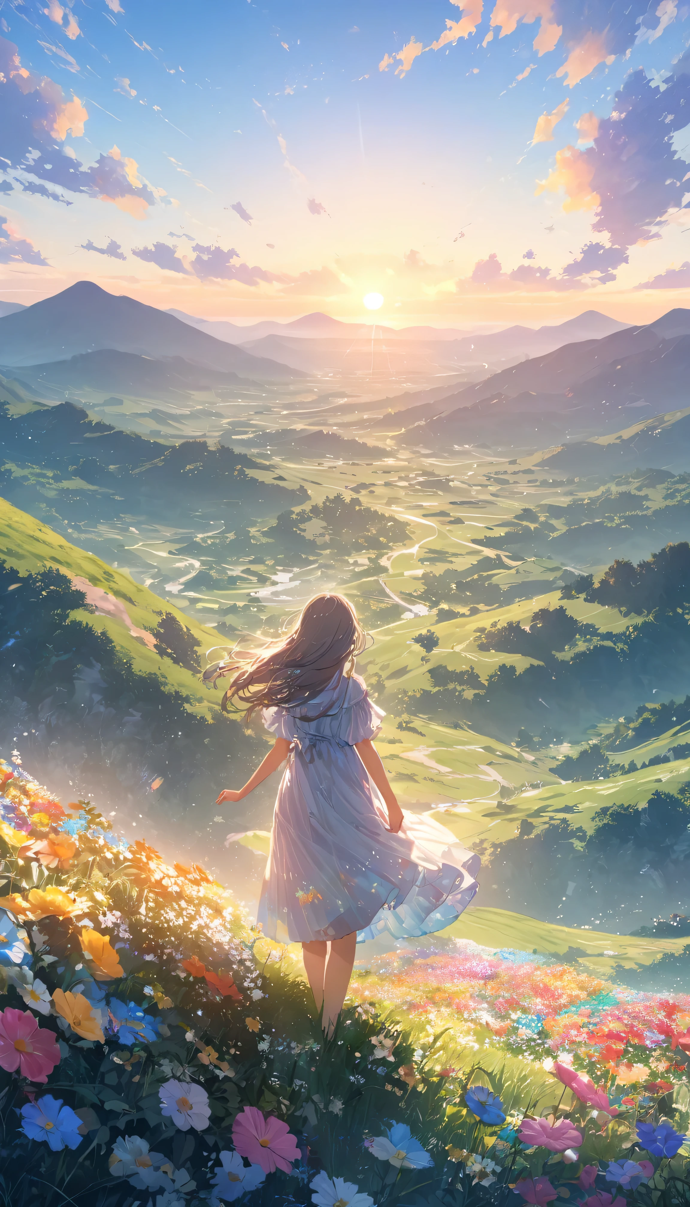 "Illustrate a serene, peaceful nature scene in summer with vivid, beautiful colors in photorealistic 8K quality. Show an 18-year-old anime girl standing on a lush mountain, reaching towards the endless blue sky, facing away from the screen. Below her, green meadows bloom with colorful flowers, while distant peaks bask in the summer sun, inspiring peace, awe, and tranquility. Ensure the image is a masterpiece with intricate details and stunning visual quality."