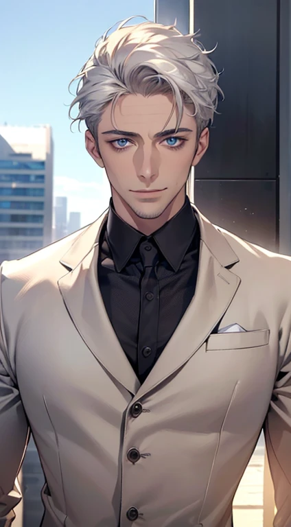 (best quality,4k,8k,highres,masterpiece:1.2),ultra-detailed,(realistic,photorealistic,photo-realistic:1.37),1 man,31 years old,mature man,very handsome,without expression,smile,short white hair,blue eyes,penetrating gaze,perfect face without errors,imposing posture,businessman,office background,cinematic lighting,hdr image