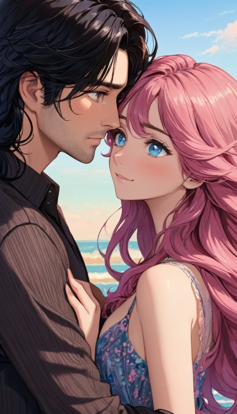 (man, black hair, medium hair, brown eyes, close to the woman)(woman, long wavy hair, pink hair, blue eyes, hugging the man) two people, couple 