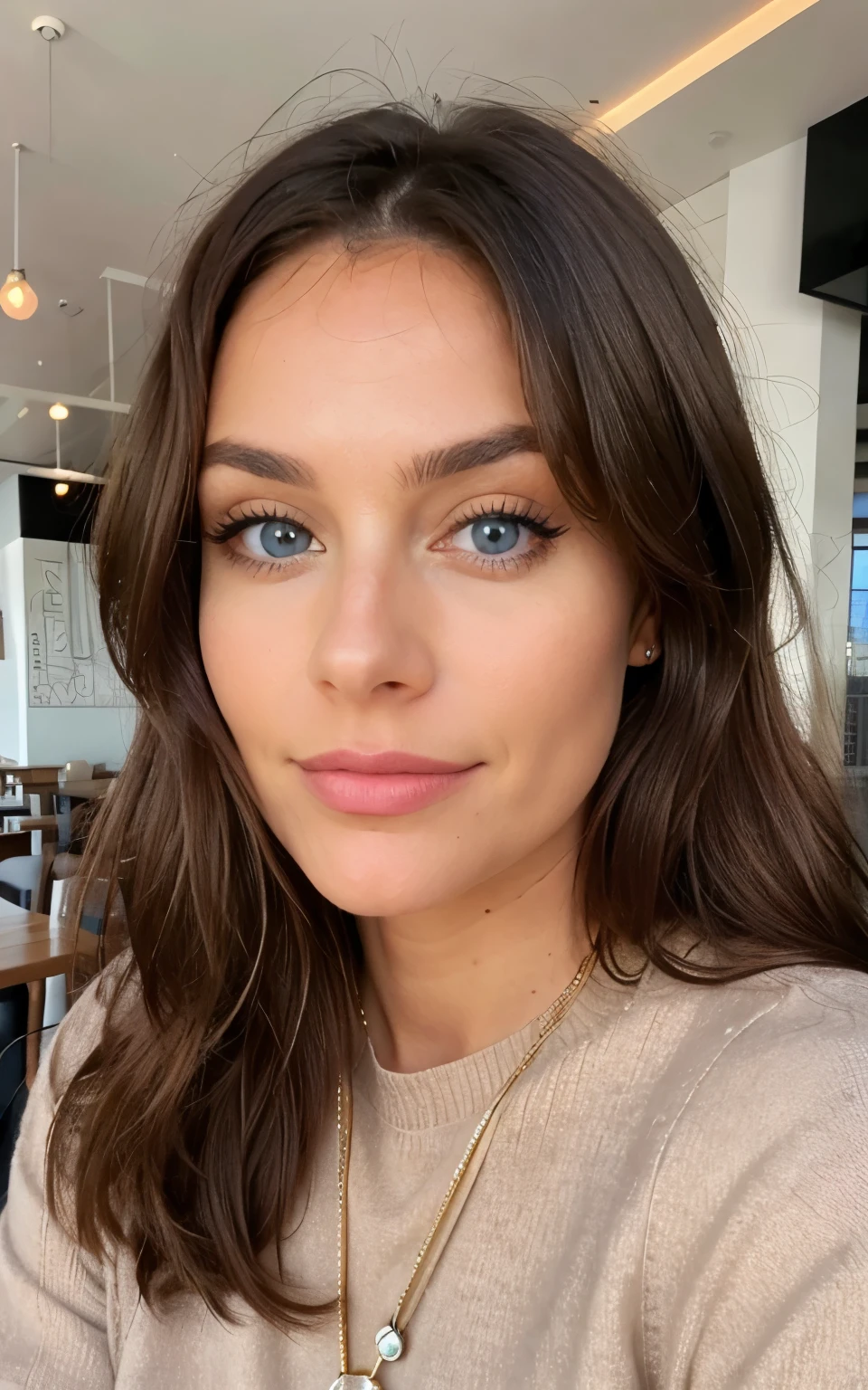 belle brune portant un pull beige (lunch in a modern restaurant), very detailed, 40 ans, visage innocent, Longhaire, natural wavy, blue eye, high resolution, head of'artwork, best quality, intricate details, very detailed, sharpness, detailed skin, realistic skin texture, texture, detailed eyes, professionnel, 4K, charming smile, shot with Canon, 85mm, shallow depth of field, Kodak Vision Color, corps parfaitement ajusté, extremely detailed, Photo_\(ultra\), photorealistic, realistic, Post-traitement, maximum detail, roughness, real life, ultra realistic, photorealism, la photographie, 8k uh, la photographie