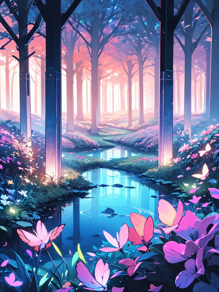 A mystical grove, with luminous flowers, multicolored neon butterflies, crystal clear water, beautiful trees, (((unique view with extremely vivid multicolors without any people))), {extremely detailed 16k CG unit wallpaper}, expansive landscape photography, (wide open field view), (low angle shot), ( high light: 1.4), (low light: 1.2), (warm light source: 1.6), complex details, (iridescent colors: 1.6), (bright lighting), (atmospheric lighting), Dreamy, unique, no people, reflections perfect,(no humans),landscape only, 