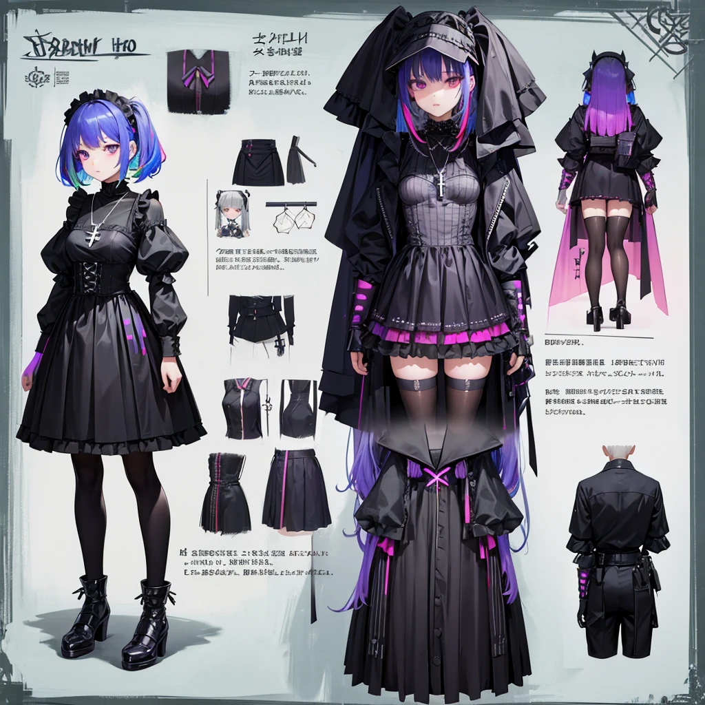 Maid clothes、 ww2，cyber punk、Knight Woman（Cross Necklace　cyber punk　Gothic Lolita　Rainbow colors）,vampire、 4 poses,(Character Sheet:1) (Multiple Views Full Body Upper Body Reference Sheet:1)