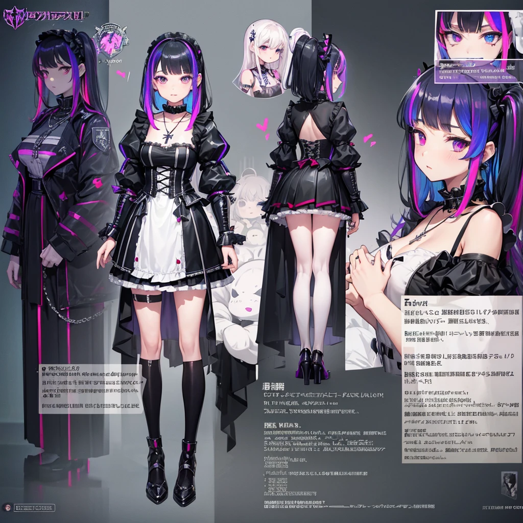 Maid clothes、 ww2，cyber punk、Knight Woman（Cross Necklace　cyber punk　Gothic Lolita　Rainbow colors）,vampire、 4 poses,(Character Sheet:1) (Multiple Views Full Body Upper Body Reference Sheet:1)