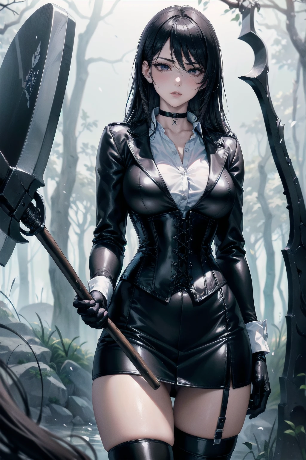 Masterpiece, Superior image quality, high resolution, 4k image,photo and gross, photorealistic, whole body, distant view, ung man of 15 years, {{{vagina}}}, beautiful face, long black hair, black eyes, very detailed eyes, pink cheeks, serious expression, choker:1.6, (white collar button down long sleeve shirt), black gloves, gloves that cover hands, (holding an ax in the right hand), (black leather corset), (shiny black miniskirt), Sensual Lips, show details in the eyes, View from the front, looking at the viewer, dark forest path, evening, Atmosphere, fog
