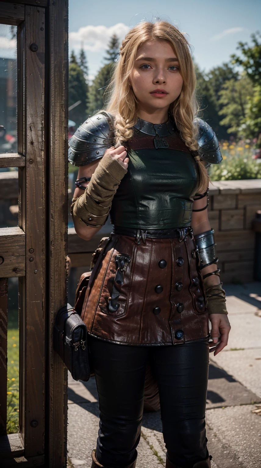 Masterpiece, Best quality,, (photorealistic1.4), (UHD), (epiCRealLife), (flashphoto),, (photorealistic1.4), (Chloe Grace Moretz), (chl03gm), (Astrid Hofferson Costume), (astrid_Character), (Astrid Armor) (AstridWaifu), (cowboy shots), (outdoor), (