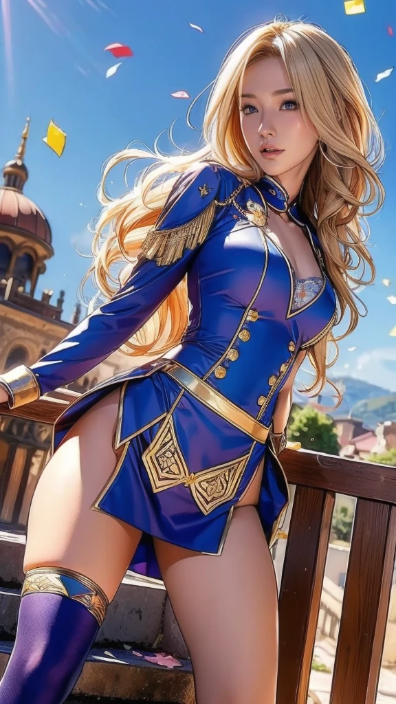 Highest quality, Official Art, masterpiece, Fabric Shading, High resolution, Very detailed, colorful, Best details, Fantasy, Combat Uniform, Yuki Mori:1.5, 1 female, Age 25, Blonde, Long Hair, Curly Hair, Highest quality, Official Art, masterpiece, Fabric Shading, High resolution, Very detailed, colorful, Best details, Fantasy, Combat Uniform,1 female, Age 25, Standing on the stairs, A castle town with an old castle view, sunny, Random Hair, Large Breasts, skinny, Surrounded by many people:1.9, Confetti falling, Blessed, welcome:1.5, Camel Toe:1.3, Ground level shot:,fighting pose:1.7,