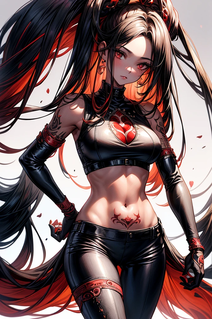 ((highest quality)),(ultra high resolution),(Super detailed),(detailed description),((best CG)),(best work of art),super precision art, great drawing art,(Art with precise details:1.5), (crop top and leather pants 1 woman:1.5), beautiful and well-shaped face:1.5,(Beautiful red colored skin with precise and detailed depiction:1.6),(:1.5),provocative angle:1.6,gorgeous, beautiful young woman, beautiful and flawless red colored skin, long flowing black hair, obsidian colored eyes, symmetrical face, seductive and alluring facial features, her very presence oozes seduction, S-shaped body figure, slim and narrow waist, black onyx horns jutting out her forehead, intricate and detailed tattoos engraved on her legs and arms with a heart shaped tattoo on her stomach, hip level shot