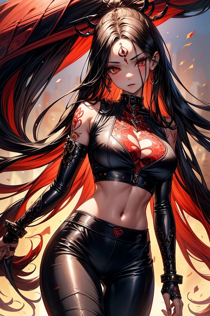 ((highest quality)),(ultra high resolution),(Super detailed),(detailed description),((best CG)),(best work of art),super precision art, great drawing art,(Art with precise details:1.5), (crop top and leather pants 1 woman:1.5), beautiful and well-shaped face:1.5,(Beautiful red colored skin with precise and detailed depiction:1.6),(:1.5),provocative angle:1.6,gorgeous, beautiful young woman, beautiful and flawless red colored skin, long flowing black hair, obsidian colored eyes, symmetrical face, seductive and alluring facial features, her very presence oozes seduction, S-shaped body figure, slim and narrow waist, black onyx horns jutting out her forehead, intricate and detailed tattoos engraved on her legs and arms with a heart shaped tattoo on her stomach, hip level shot