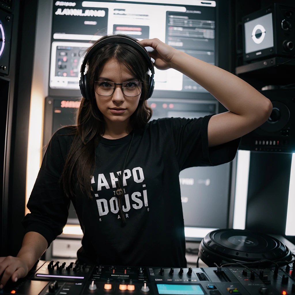 Happy 25-year-old female DJ, wearing a long t-shirt, wearing glasses and large headphones, playing a rave.