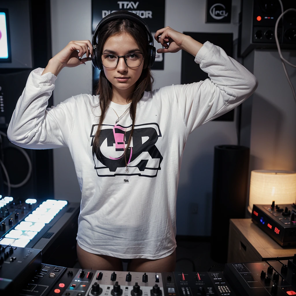 Happy 25-year-old female DJ, wearing a long t-shirt, wearing glasses and large headphones, playing a rave.