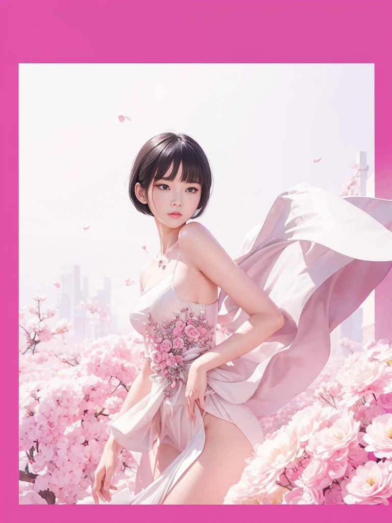(Best quality, 8k, 32k, Masterpiece, UHD:1.2) "Generate a captivating artwork featuring a young Japanese girl model with short, sleek black hair styled in a chic bob haircut. Envision her bathed in dramatic cinematic lighting, creating an atmosphere of allure and mystery. Emphasize a romantic aesthetic vibe, showcasing the model in a poised and elegant pose that evokes a sense of intimacy and sophistication. Utilize warm and soft tones to enhance the romantic ambiance, and consider incorporating elements like flowing fabrics or flowers to add a touch of ethereal beauty. Capture the essence of romance and beauty through the model's expression, the play of light and shadows, and the overall aesthetic, creating a visually compelling and emotionally resonant piece." (perfect eyes), flawless skin, flawless face, cinematic, tight body, ((well-proportion female hands)), ((female hands with five digits))
