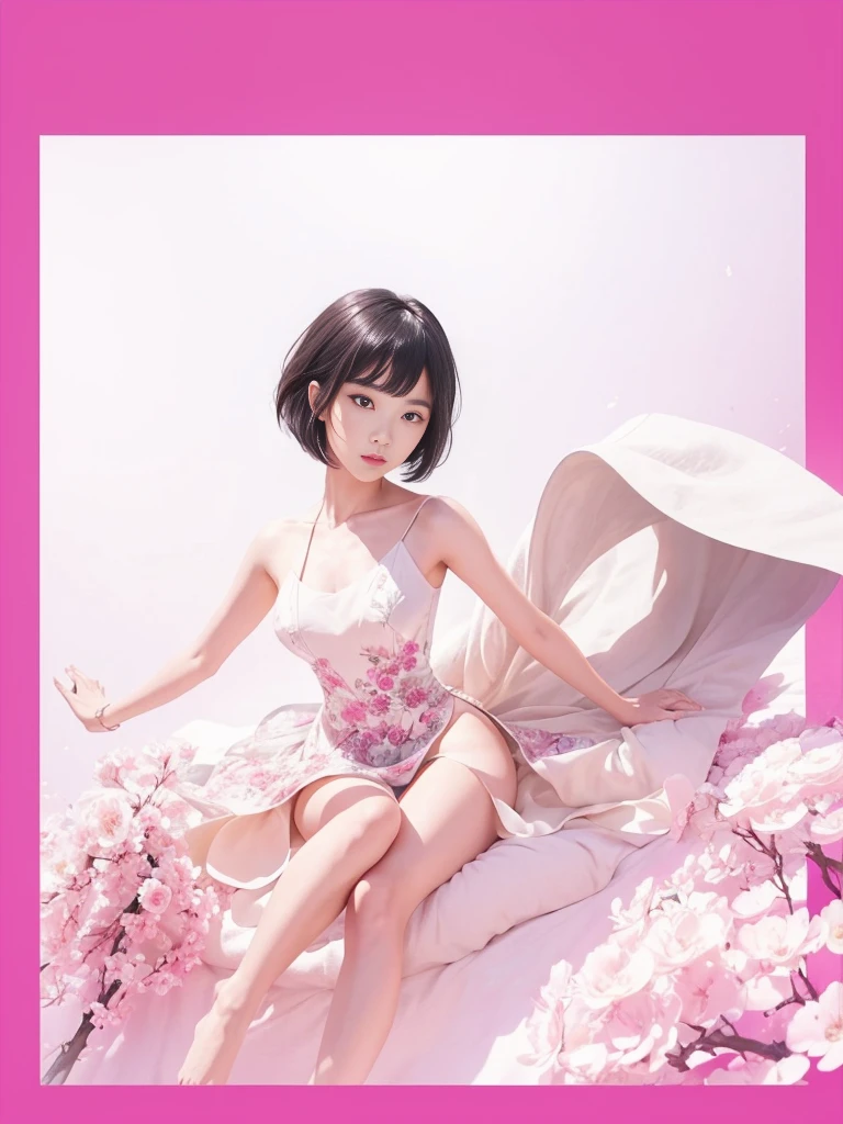 (Best quality, 8k, 32k, Masterpiece, UHD:1.2) "Generate a captivating artwork featuring a young Japanese girl model with short, sleek black hair styled in a chic bob haircut. Envision her bathed in dramatic cinematic lighting, creating an atmosphere of allure and mystery. Emphasize a romantic aesthetic vibe, showcasing the model in a poised and elegant pose that evokes a sense of intimacy and sophistication. Utilize warm and soft tones to enhance the romantic ambiance, and consider incorporating elements like flowing fabrics or flowers to add a touch of ethereal beauty. Capture the essence of romance and beauty through the model's expression, the play of light and shadows, and the overall aesthetic, creating a visually compelling and emotionally resonant piece." (perfect eyes), flawless skin, flawless face, cinematic, tight body, ((well-proportion female hands)), ((female hands with five digits))