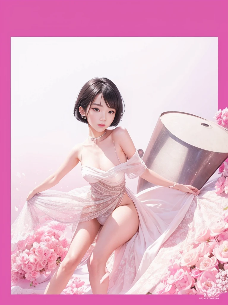 (Best quality, 8k, 32k, Masterpiece, UHD:1.2) "Generate a captivating artwork featuring a young Japanese girl model with short, sleek black hair styled in a chic bob haircut. Envision her bathed in dramatic cinematic lighting, creating an atmosphere of allure and mystery. Emphasize a romantic aesthetic vibe, showcasing the model in a poised and elegant pose that evokes a sense of intimacy and sophistication. Utilize warm and soft tones to enhance the romantic ambiance, and consider incorporating elements like flowing fabrics or flowers to add a touch of ethereal beauty. Capture the essence of romance and beauty through the model's expression, the play of light and shadows, and the overall aesthetic, creating a visually compelling and emotionally resonant piece." (perfect eyes), flawless skin, flawless face, cinematic, tight body, ((well-proportion female hands)), ((female hands with five digits))