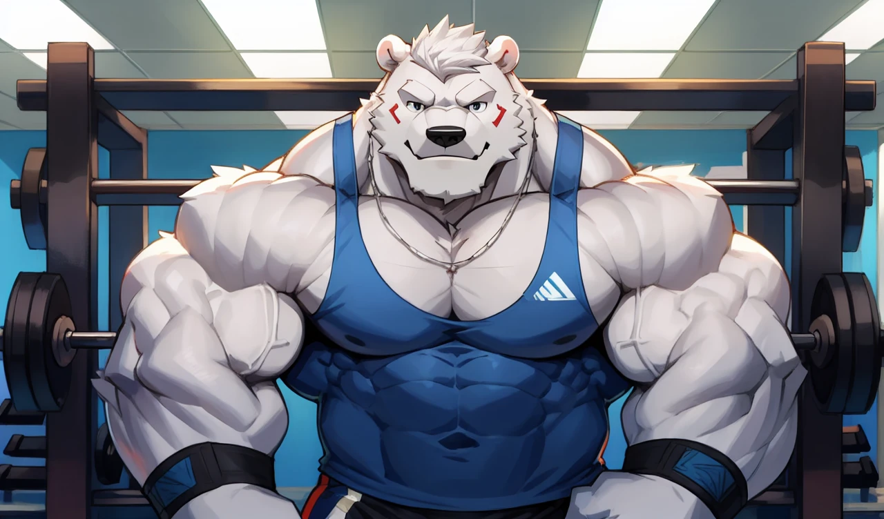 Brock Ólafsson The Huge Muscled Polar Bear, with White Hair, Blue Tank Top, Black Wristbands and Black Gym Shorts, Flexing His Thorax.