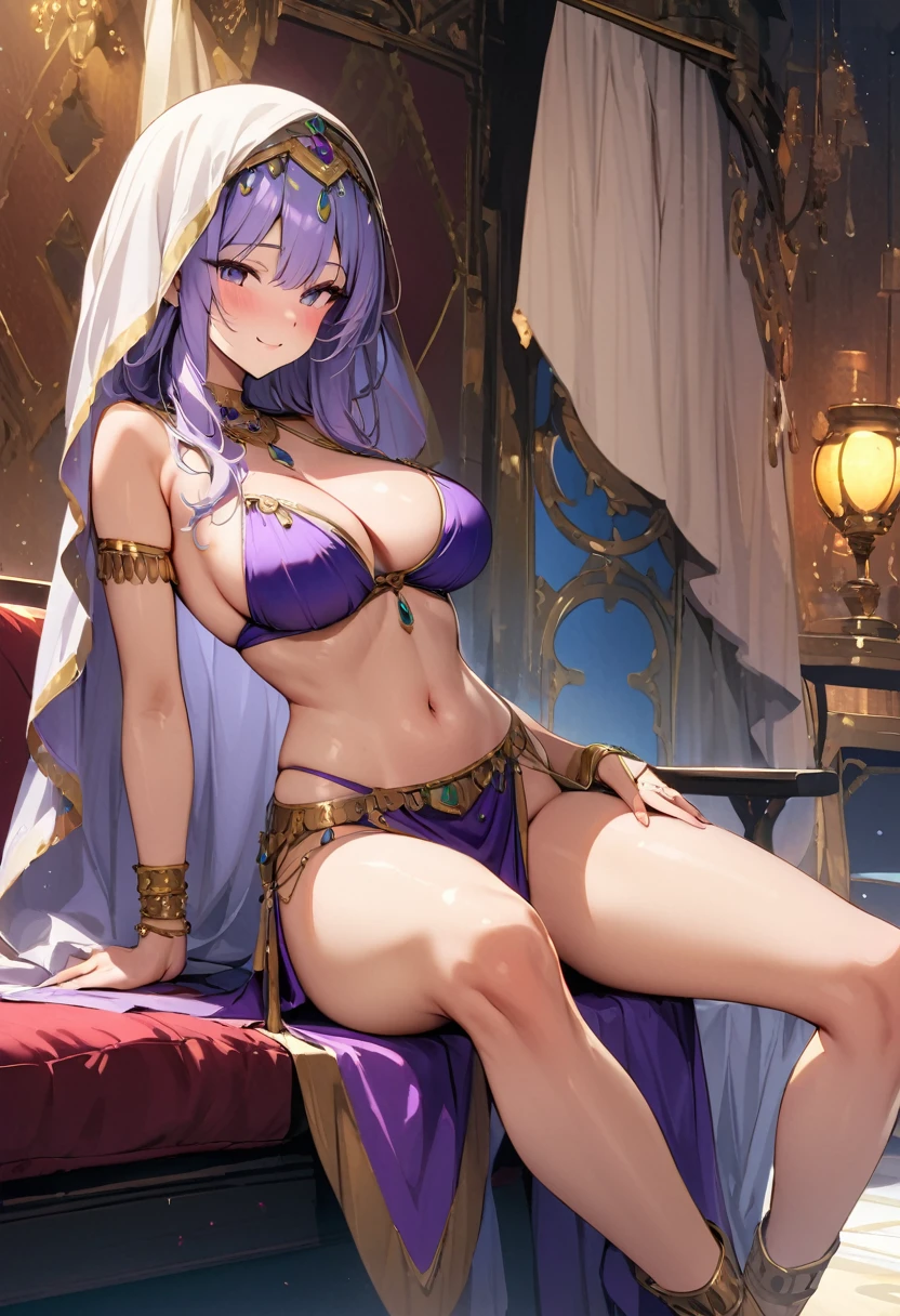 (masterpiece, Highest quality, so beautiful, Absurd), arabian dancer, Long, flowing lavender hair, arabian dancer attire, jewelry, abdomen, Blushing, flirty smile, Big Breasts, (Rest face down, Tilt your cute head, Lift your legs), Arabian Fantasy Room、whole body