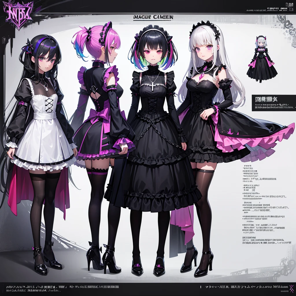 Maid clothes、 Knight Woman(Cross Necklace cyber punk Gothic Lolita Rainbow colors),vampire、 4 poses,(Character Sheet:1) (Multiple Views Full Body Upper Body Reference Sheet:1)