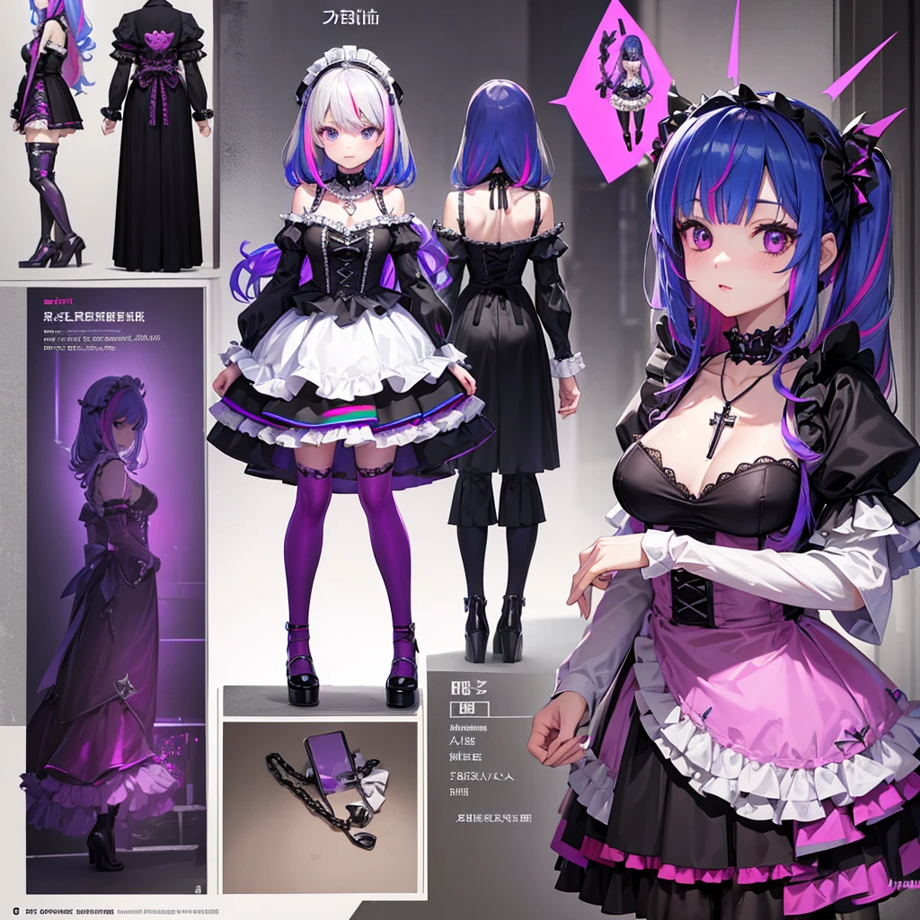 Maid clothes、 Knight Woman(Cross Necklace cyber punk Gothic Lolita Rainbow colors),vampire、 4 poses,(Character Sheet:1) (Multiple Views Full Body Upper Body Reference Sheet:1)