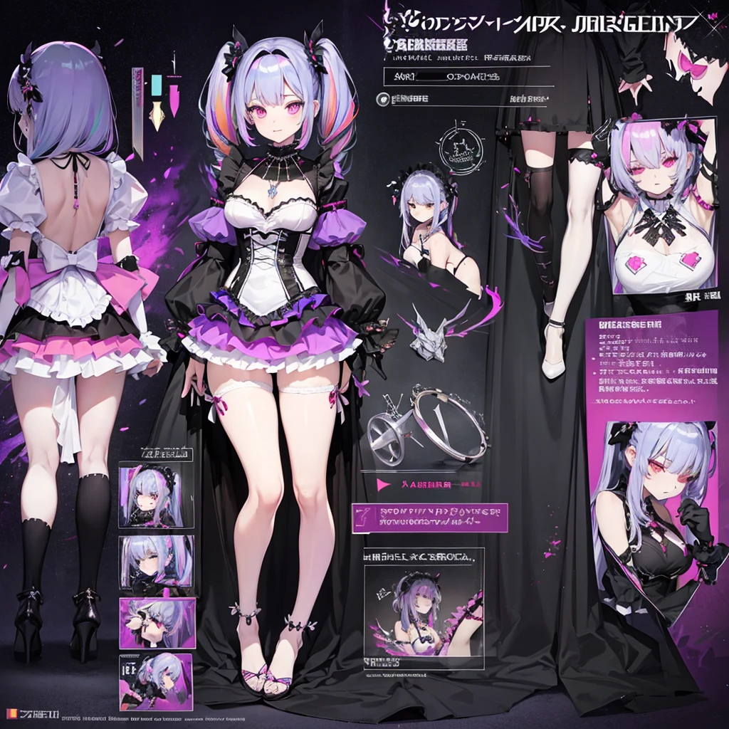 Maid clothes、 Knight Woman(Cross Necklace cyber punk Gothic Lolita Rainbow colors),vampire、 4 poses,(Character Sheet:1) (Multiple Views Full Body Upper Body Reference Sheet:1)