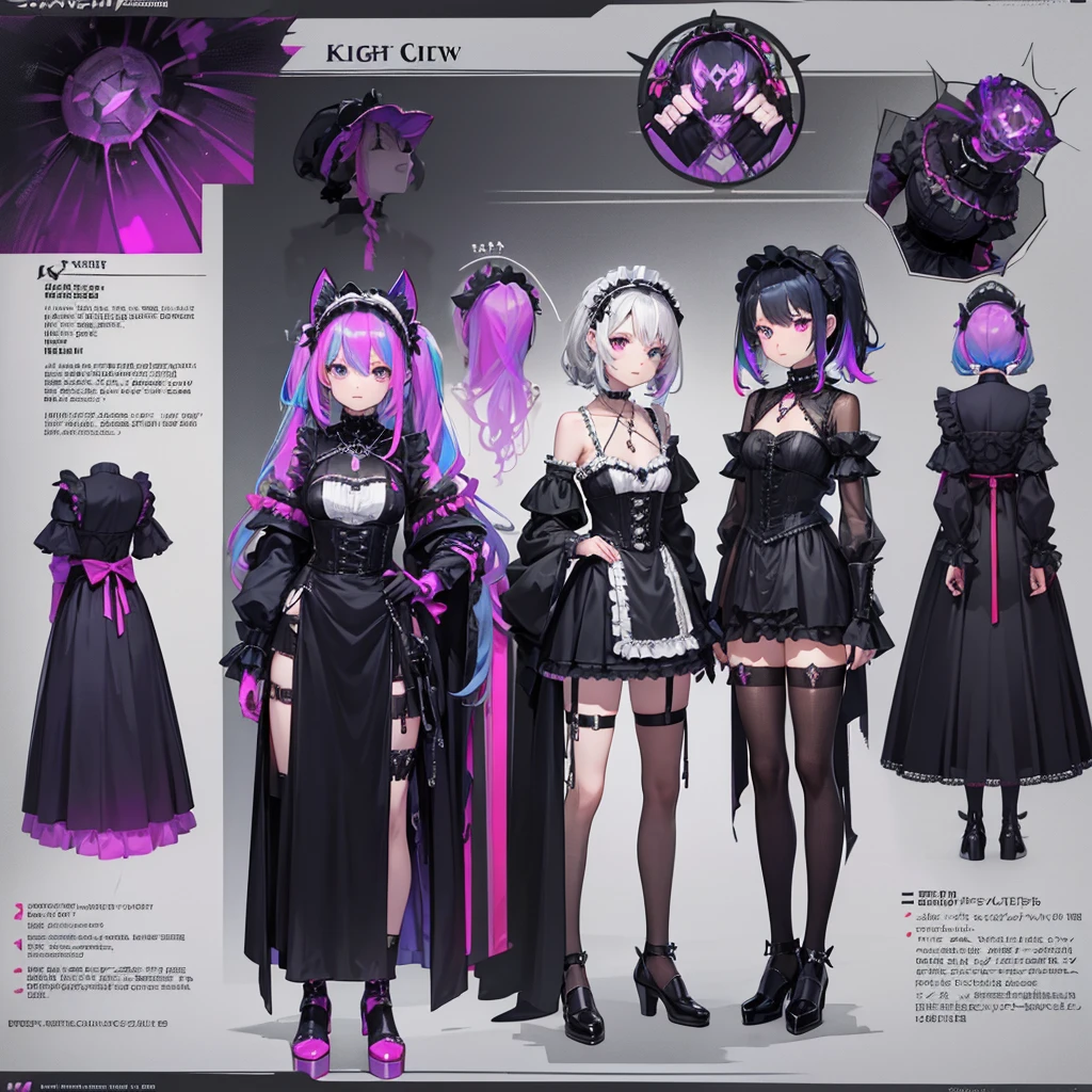 Maid clothes、 Knight Woman(Cross Necklace cyber punk Gothic Lolita Rainbow colors),vampire、 4 poses,(Character Sheet:1) (Multiple Views Full Body Upper Body Reference Sheet:1)