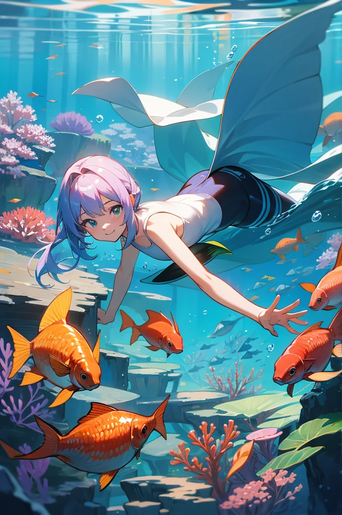 anime style, super fine illustration, highly detailed, dynamic angle, beautiful detailed, 8k, In the summer, at midday, underwater, BREAK vivid tropical fish swim in schools, surrounded by colorful corals on the seabed. A graceful sea turtle swims among them. BREAK A beautiful swimmer swims happily around, smiling occasionally. BREAK Sunlight filters through the water, brightly illuminating the scene. BREAK Everyone is enjoying the underwater world.masterpiece,best quality,super detailed,super fine illustration,8k,pov