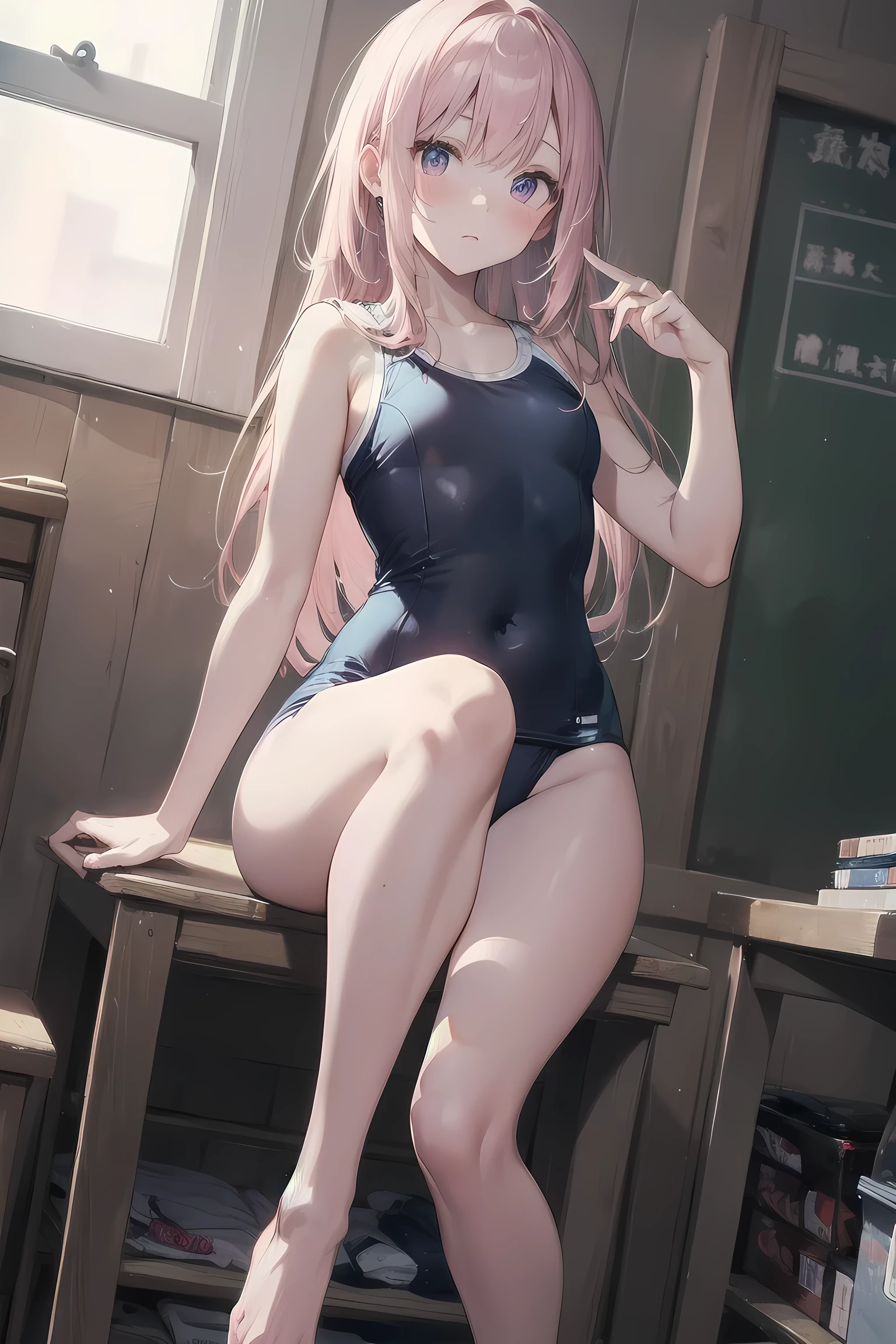 masterpiece, Highest quality, Ultra-high resolution, Highest Resolution, Very detailed, アニメ, whole body, thin, very cute,、Complete limbs、Shining Eyes、Full Finger、Slender beauty、Embarrassed look、Writhing expression、Pink、Wear a school swimsuit、Glowing Skin、Knee-length、Sports Warehouse