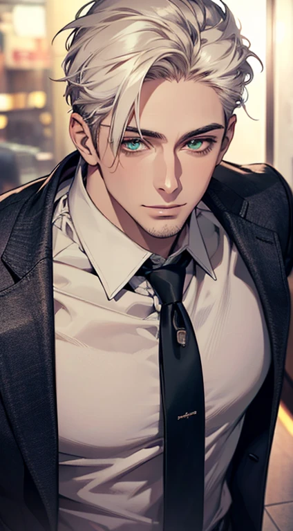 (Highest quality,4K,8K,High resolution,masterpiece:1.2),Super detailed,(Realistic,photoRealistic,photo-Realistic:1.37),1 person,34 years old,Mature Men,Beautiful skin、very handsome,Expressionless smile in love,Short white hair,green eyes,Sharp Eyes,A perfect face without a doubt,Businessman, CEO, Office Background,Cinema Lighting,HDR image,tie、
