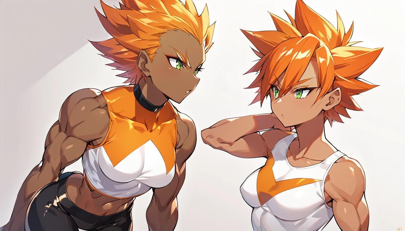 A girl, Saiyan, white spiky hairs, greeneyes, defined muscles, Waist slender, Broad Hips, darkskin, medium breasts, close-fitting clothes, white undershirt, black pants,(she would be kissing another girl who would have orange hair)