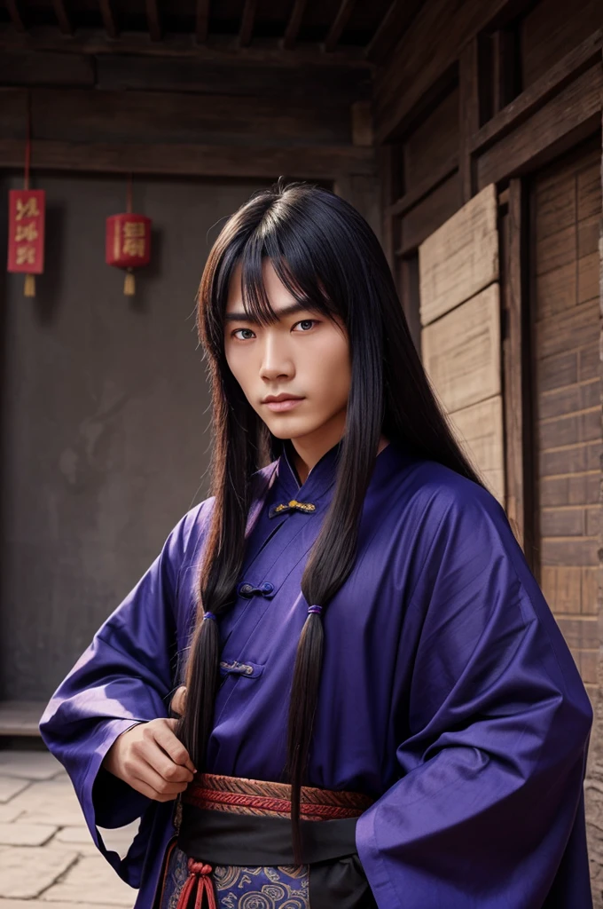 Create an ancient Chinese man with long hair and blue eyes, wearing dark purple clothes and holding a combat fan