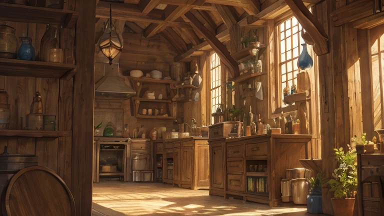 ghibli alchemic workshop interior, medieval low fantasy setting