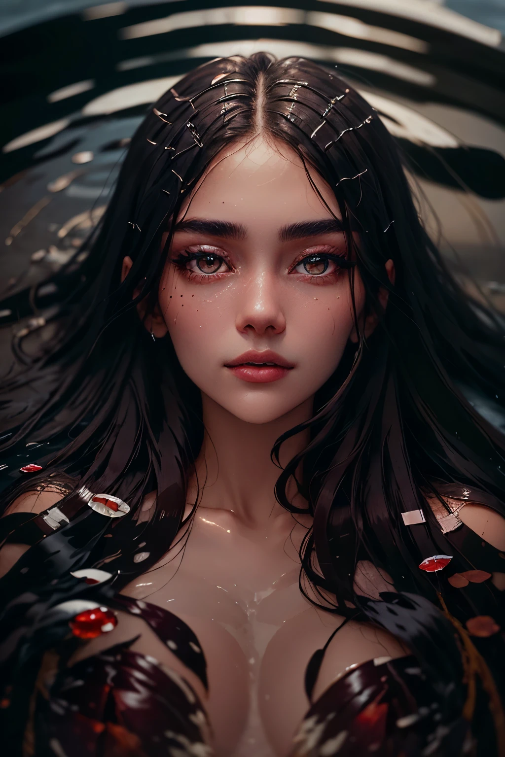 High contrast image, close up image of a maroon leaf with water droplets floating on an icy pond, subtle colored reflected by water droplets reflecting the beauty of a young woman with dark brown eyes, ultra tall ultra beautiful tech fashion woman, high cheekbones,
