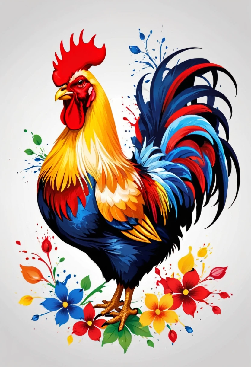 vectorial art, vectorised forma de coraçao com flores e frutos vermelhos, vectorised, colorful illustration of the barcelos rooster in the center, vectorised, Paint splashes and stains, vectorised, 8k, lifelike details, professional design, 