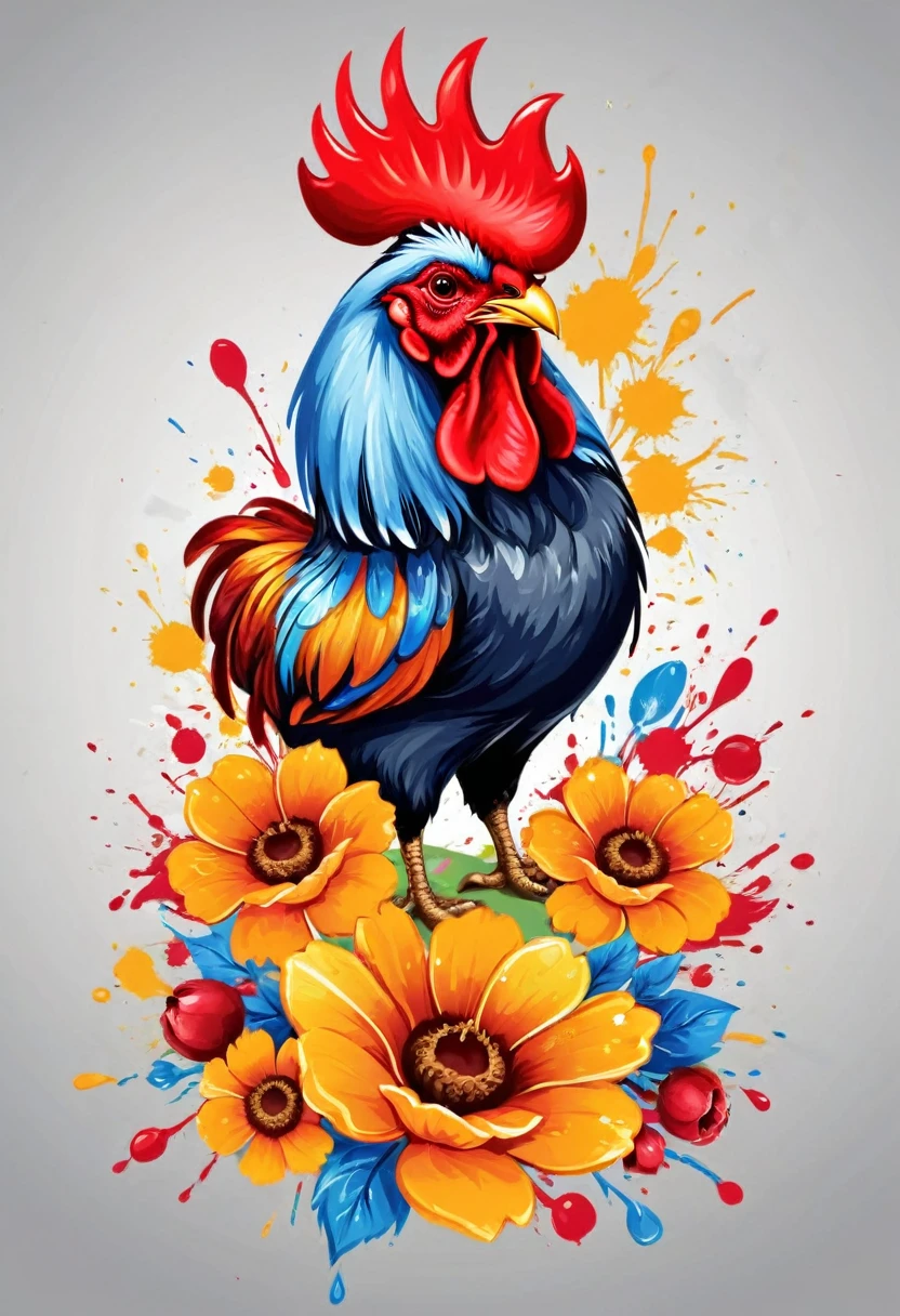 vectorial art, vectorised forma de coraçao com flores e frutos vermelhos, vectorised, colorful illustration of the barcelos rooster in the center, vectorised, Paint splashes and stains, vectorised, 8k, lifelike details, professional design, 