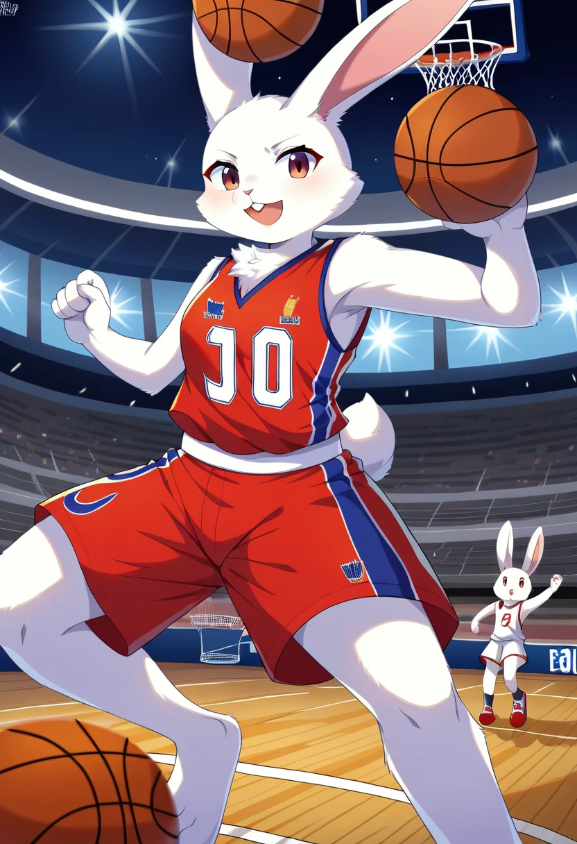 ((Masterpiece)), ((Best Quality)), (Very Detailed), ((Very Detailed)), 4K, (8K), very aesthetic, absurdres highres, 1 girl, (anthropomorphic rabbit, furry, kemono:1.8), (Basketball player, dunk shot,  jump, rim grab:1.5), red uniform,stadium, spectators, scoreboard, night, stadium lighting, concentrated facial expression, energetic movement, team logo, jersey number, cheering crowd, stadium structure
