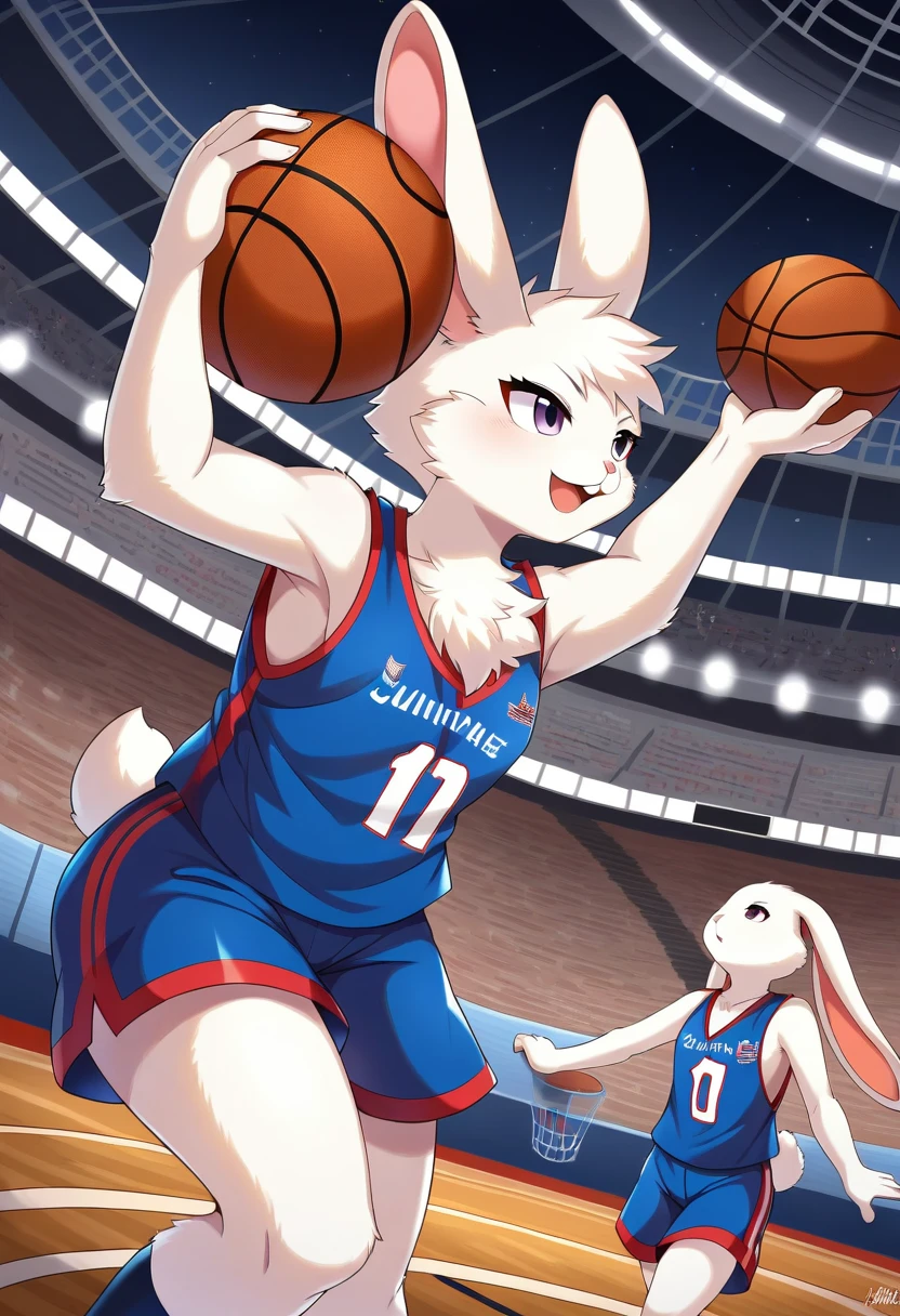 ((Masterpiece)), ((Best Quality)), (Very Detailed), ((Very Detailed)), 4K, (8K), very aesthetic, absurdres highres, 1 girl, (anthropomorphic rabbit, furry, kemono:1.8), (Basketball player, dunk shot, jump, rim grab:1.5), red uniform,stadium, spectators, scoreboard, night, stadium lighting, concentrated facial expression, energetic movement, team logo, jersey number, cheering crowd, stadium structure