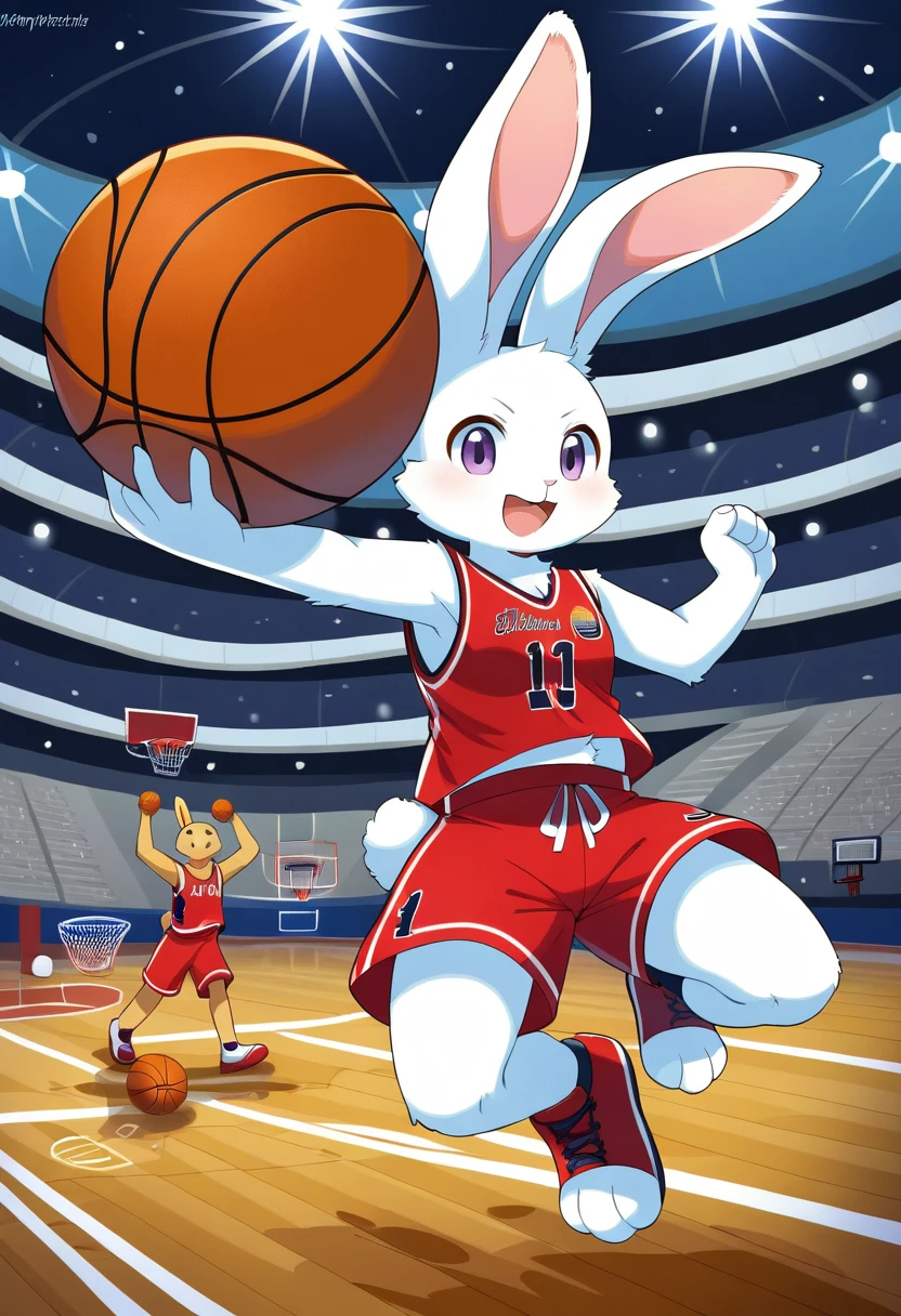 ((Masterpiece)), ((Best Quality)), (Very Detailed), ((Very Detailed)), 4K, (8K), very aesthetic, absurdres highres, 1 girl, (anthropomorphic rabbit, furry, kemono:1.8), (Basketball player, dunk shot, jump, rim grab:1.5), red uniform,stadium, spectators, scoreboard, night, stadium lighting, concentrated facial expression, energetic movement, team logo, jersey number, cheering crowd, stadium structure