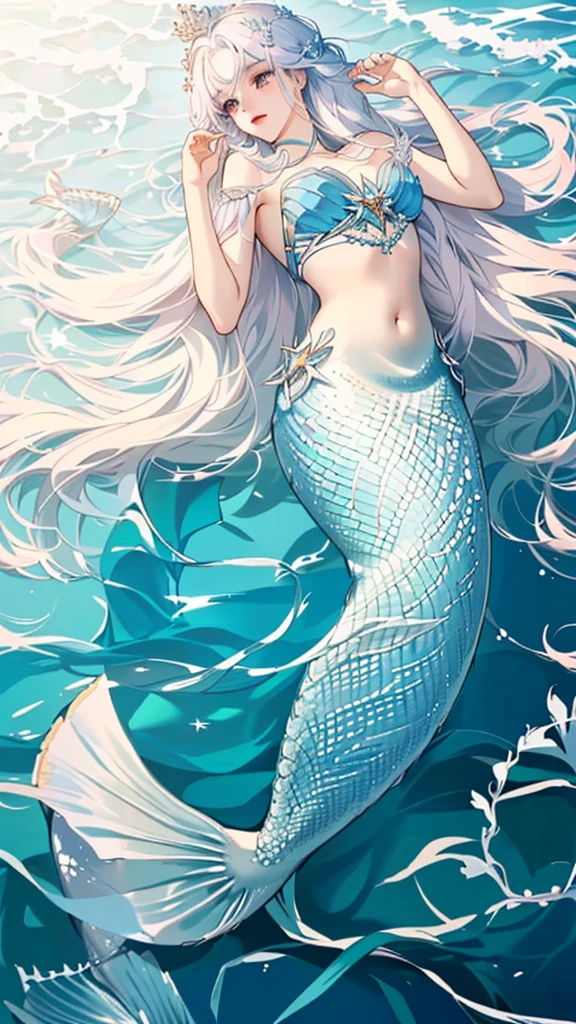 a Mermaid with long hair and a crown is swimming in the ocean, beautiful Mermaid, Mermaid, Goddess of the Sea, Queen of the Sea Mu Yanling, Goddess of the Sea, Wallpaper Anime Blue Water, Mermaid body, a Mermaid in the sea, Asian female water spirit, Jan J, mobile wallpaper, emma watson as sea Mermaid, Mermaids and fish high resolution, Long Hair, Gauze, Highest quality, Gaze, Star Hair Accessories,