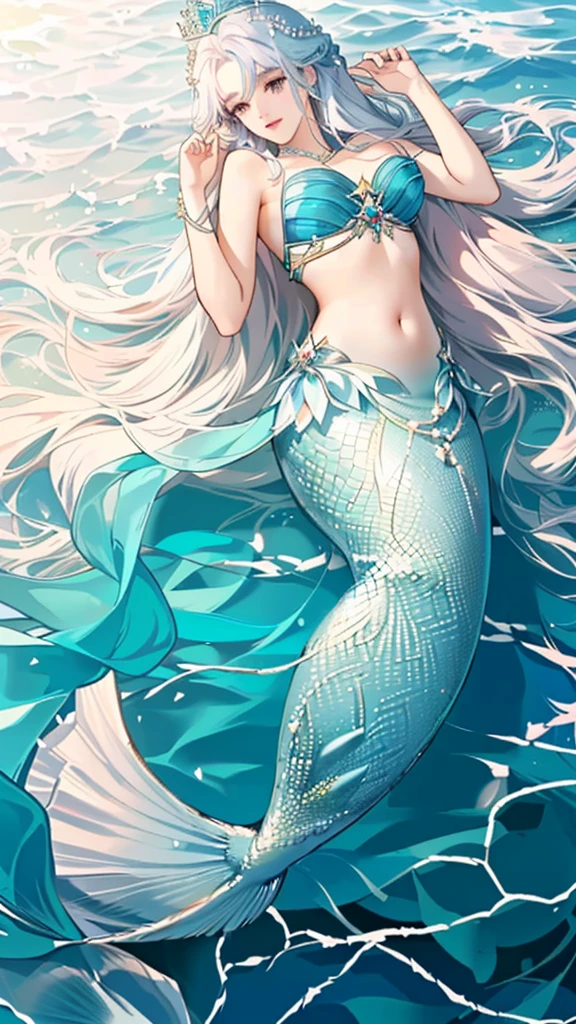 a Mermaid with long hair and a crown is swimming in the ocean, beautiful Mermaid, Mermaid, Goddess of the Sea, Queen of the Sea Mu Yanling, Goddess of the Sea, Wallpaper Anime Blue Water, Mermaid body, a Mermaid in the sea, Asian female water spirit, Jan J, mobile wallpaper, emma watson as sea Mermaid, Mermaids and fish high resolution, Long Hair, Gauze, Highest quality, Gaze, Star Hair Accessories,