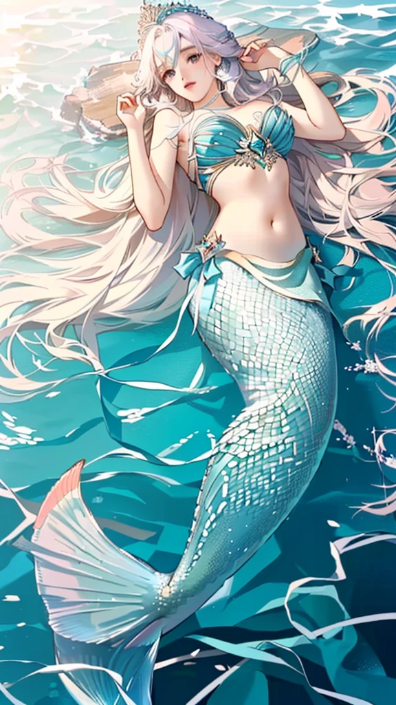 a Mermaid with long hair and a crown is swimming in the ocean, beautiful Mermaid, Mermaid, Goddess of the Sea, Queen of the Sea Mu Yanling, Goddess of the Sea, Wallpaper Anime Blue Water, Mermaid body, a Mermaid in the sea, Asian female water spirit, Jan J, mobile wallpaper, emma watson as sea Mermaid, Mermaids and fish high resolution, Long Hair, Gauze, Highest quality, Gaze, Star Hair Accessories,